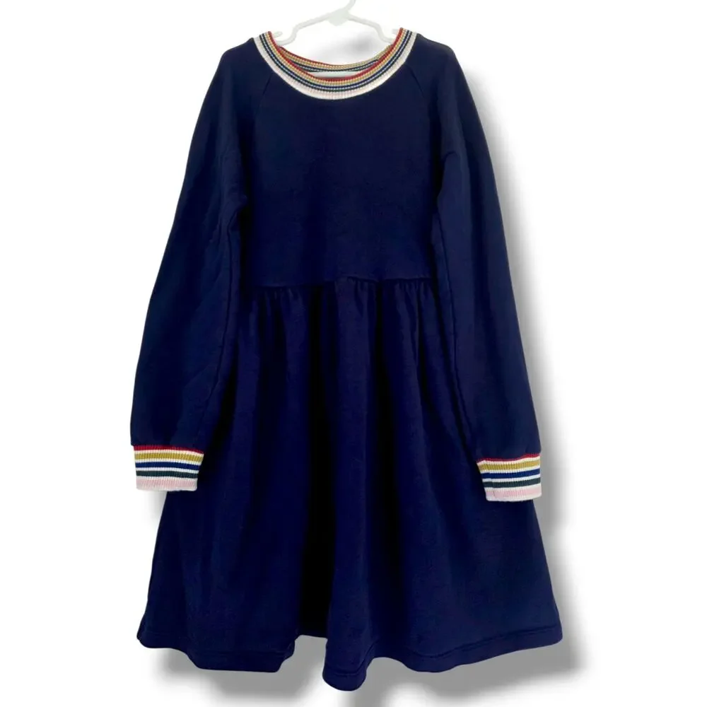 Hanna Andersson Girls 10 Rainbow Cuff Knit French Terry Dress Navy Blue